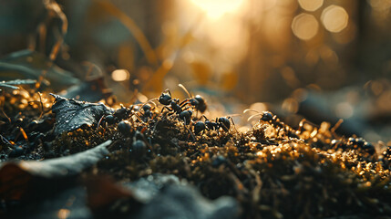Ants on moss in the forest at sunrise. Macro shot. - obrazy, fototapety, plakaty