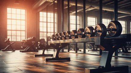 Gym interior background of dumbbells on rack in fitness and workout room  - obrazy, fototapety, plakaty