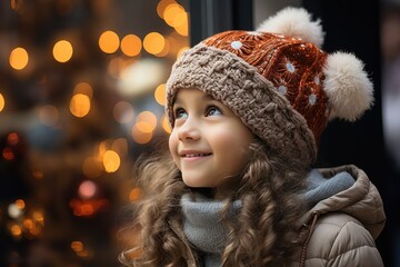 a cute little girl in a knitted hat looks at shop windows with festive decoration in winter