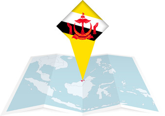 Brunei pin flag and map on a folded map