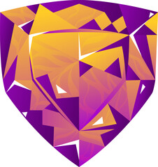 Purple and orange geometric polygonal lion head design. Abstract animal art, creative modern lion vector illustration.