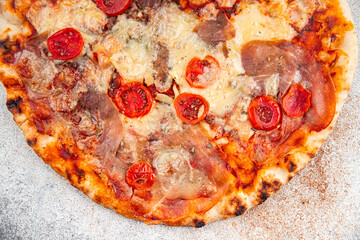 pizza cheese fresh jamon, tomato sauce, eating cooking meal food snack on the table copy space food background rustic top view