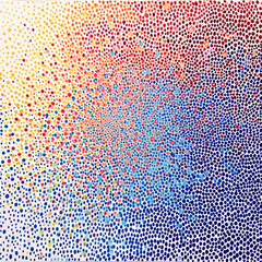 Gradient dot pattern from red to blue, pointillism art, bright background, abstract colorful halftone design.