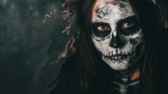 Stylish woman with halloween make up posing isolated on black background with the smoke on background under subtle studio light, with copy space for text.