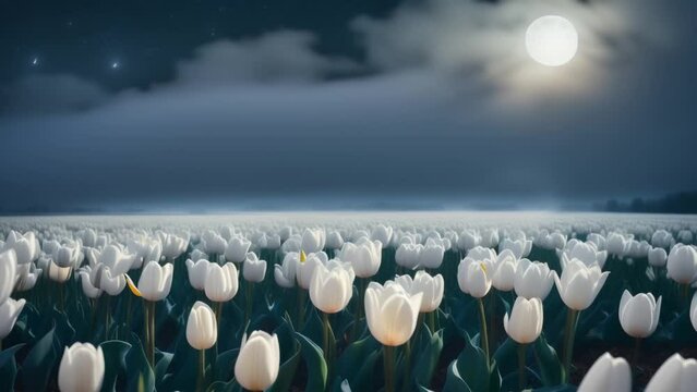white tulips in the moonlight