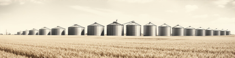 Grain silos in farm field. Agricultural silo or container for harvested grains.