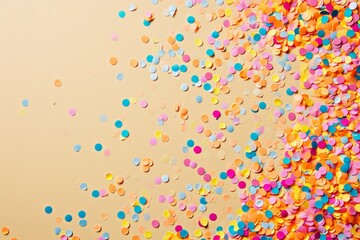 Top view of festive colorful confetti on beige background