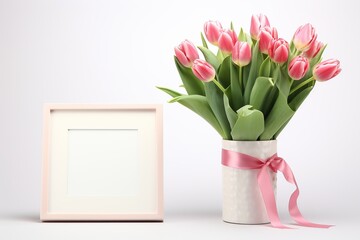 Blank photo frame with bouquet tulip flowers on white background