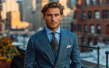 A confident man in a tailored blue suit stands atop a rooftop, exuding sophistication and urban charm