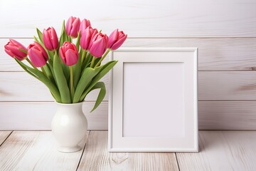 Blank photo frame with bouquet tulip flowers on wooden background