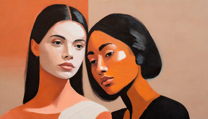Cubism Portrait of two beautiful women. Abstract wall art. painting in the interior with predominant Peach Color on background.