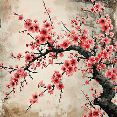 cherry blossom on grunge paper texture background, vintage style