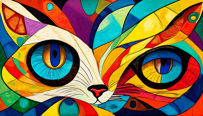 Abstract illustration of various feline eyes with bright colors. Cubism style collage for wallpaper. background design..