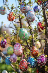 easter eggs on a tree. happy easter. egg hunt. happy easter, celebration. christian holiday. family fun