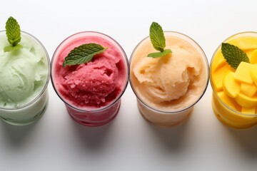 Multi-colored frozen ice drink made from juice. Sweet and very cold fruit lemonade. A variety with different cocktail flavors. Fruit smoothies in plastic cups with blueberry, strawberry, kiwi