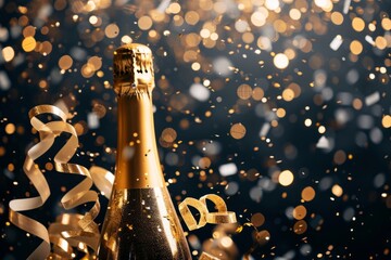 Celebration background with golden champagne bottle, confetti stars and party streamers - obrazy, fototapety, plakaty