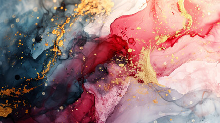 Abstract alcohol ink art with gold accents, fluid and dynamic mix of colors for luxurious backgrounds or creative designs.