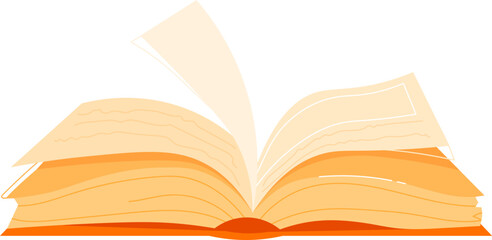 Open book with pages fluttering. Orange cover and white pages with text lines. Knowledge and education concept vector illustration.
