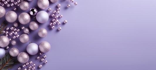 Christmas flat lay mockup with pearls and Christmas balls, purple pastel background texture. Horizontal banking background for web. Photo AI Generated