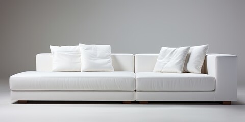 Isolated white sofa, right corner, with low back. Upholstered sofa bed with armrests, cushions, and bolster pillows.
