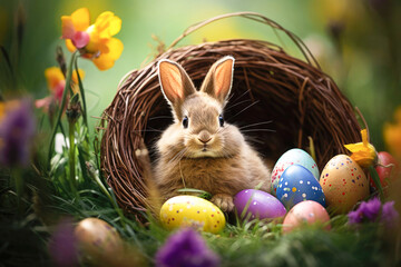 Easter concept. One cute bunny sits in a wicker basket with Easter colorful eggs against a background of nature and green grass.