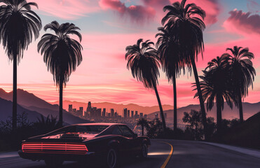 synthwave sports car on the road to the city concept rendering 