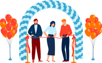 Three people cutting ribbon at grand opening ceremony. Businessman, businesswoman, and colleague celebrate with balloons. Corporate event, inauguration vector illustration.