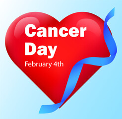 Cancer Day February 4 banner. Realistic heart with a blue ribbon. A sign of support in the fight against the disease. Vector illustration