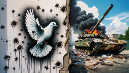 Obraz premium White dove symbol of Peace graffiti on a war damaged wall.Bombed out tank and damaged buildings.