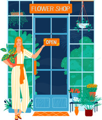 Female florist with red hair welcoming customers at flower shop entrance. Woman in yellow dress standing at storefront holding an open sign. Entrepreneur enjoying her small business vector