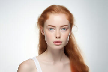 Fototapeta premium Portrait of a Beautiful Young Red Hair Woman With Healthy Skin and Natural Looking Makeup on White Background 