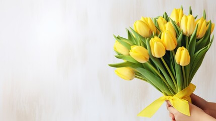 Women's hands holding a bouquet of yellow tulips for congratulations on Mother's Day, Valentine's Day, women's Day. Blurred background.