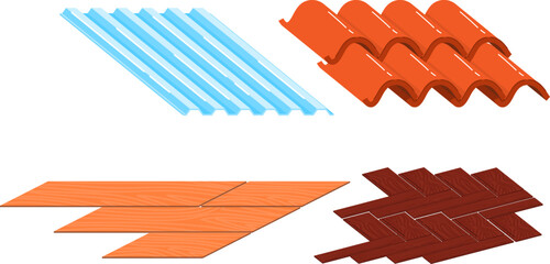 Set of various roofing materials metal, ceramic, wooden. Different textures and colors for construction vector illustration. Construction materials, roofing textures, building, architecture vector
