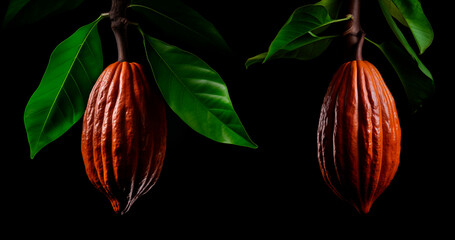 Cocoa pod with leaves isolated on black background - obrazy, fototapety, plakaty