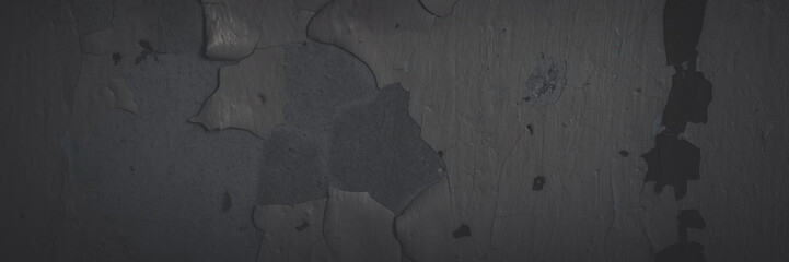 Dark wide panoramic background. Peeling paint on a concrete wall. Faded dark texture of old cracked flaking paint. Weathered rough painted surface with patterns of cracks. Shaded background for design - obrazy, fototapety, plakaty