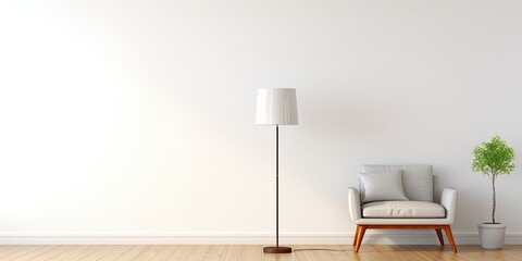 Modern lamp and wooden floor concept for home office, with white background and minimal interior decoration.