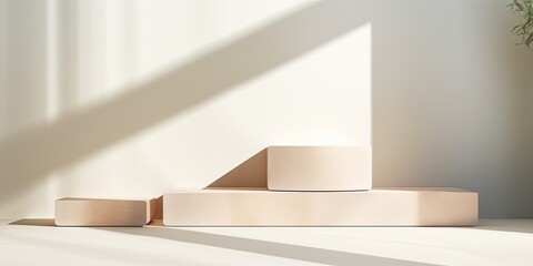 Clean, contemporary geometric podiums in sunlight with shadows on white backdrop for showcasing products.