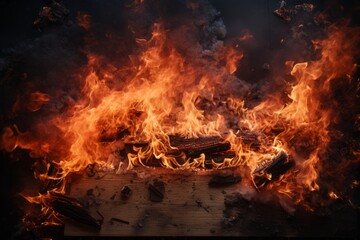 Beautiful bonfire with burning firewood on dark background, closeup