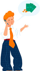 Ginger-haired man talking on phone about money, wearing a white shirt and orange tie. Finance discussion, money matters vector illustration.