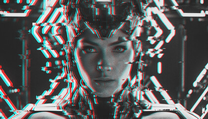Glitchy monochrome portrait of a female cyborg - Generative AI - obrazy, fototapety, plakaty