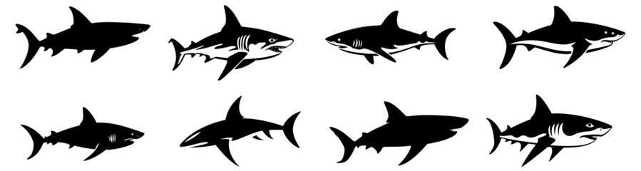 Shark silhouette, wild animal silhouettes, isolated on white background