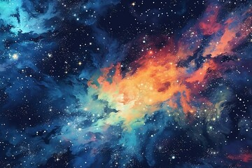 Illustration of a cosmic background with galaxies. Generative AI