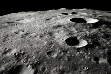 Close-up view of moon's surface with large impact craters and planetary relief details. Generative AI