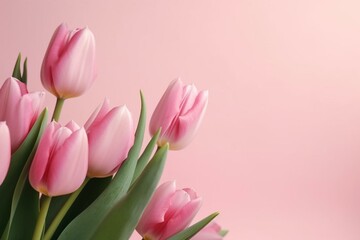 Beautiful tulips on a pale pink backdrop, dainty, ideal for various projects, and with space for your text. Generative AI
