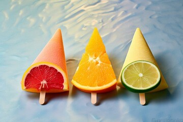 Fruit ice lollies shaped like triangles, perfect for beach enjoyment. Generative AI