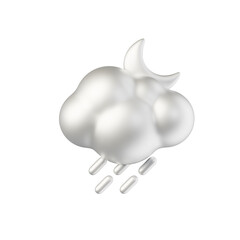 cloud crescent moon rain silver white material 3d rendered weather icon for ui design or web banner transparent background