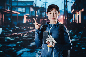 Naklejka premium 災害時のアドバイスをする女性