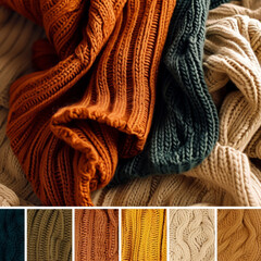 Collage of cozy knitted sweaters in warm autumn colors, perfect for fall fashion or textile backgrounds.