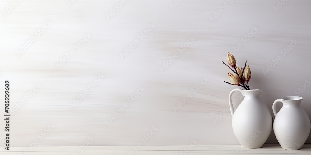 Sticker White vintage wall background enhances soft home decor featuring a white jug and vase.