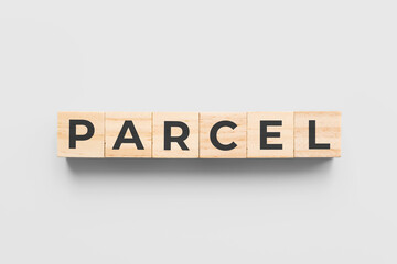 parcel wooden cubes on white background